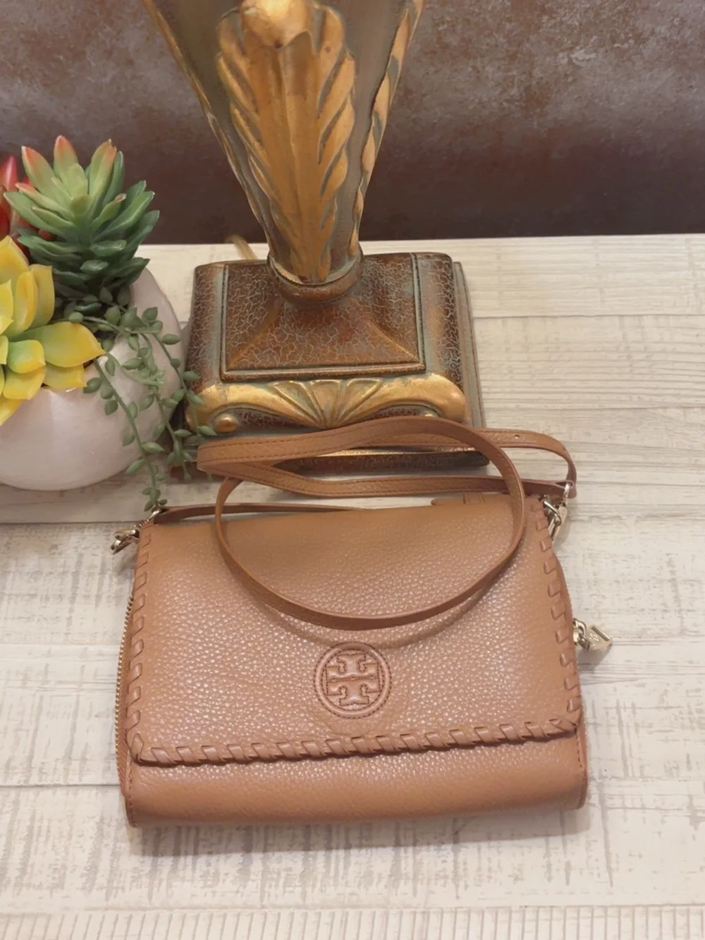 Nice Tory Burch Tan Leather Whip Stitch Fleming Crossbody with Woven Trim